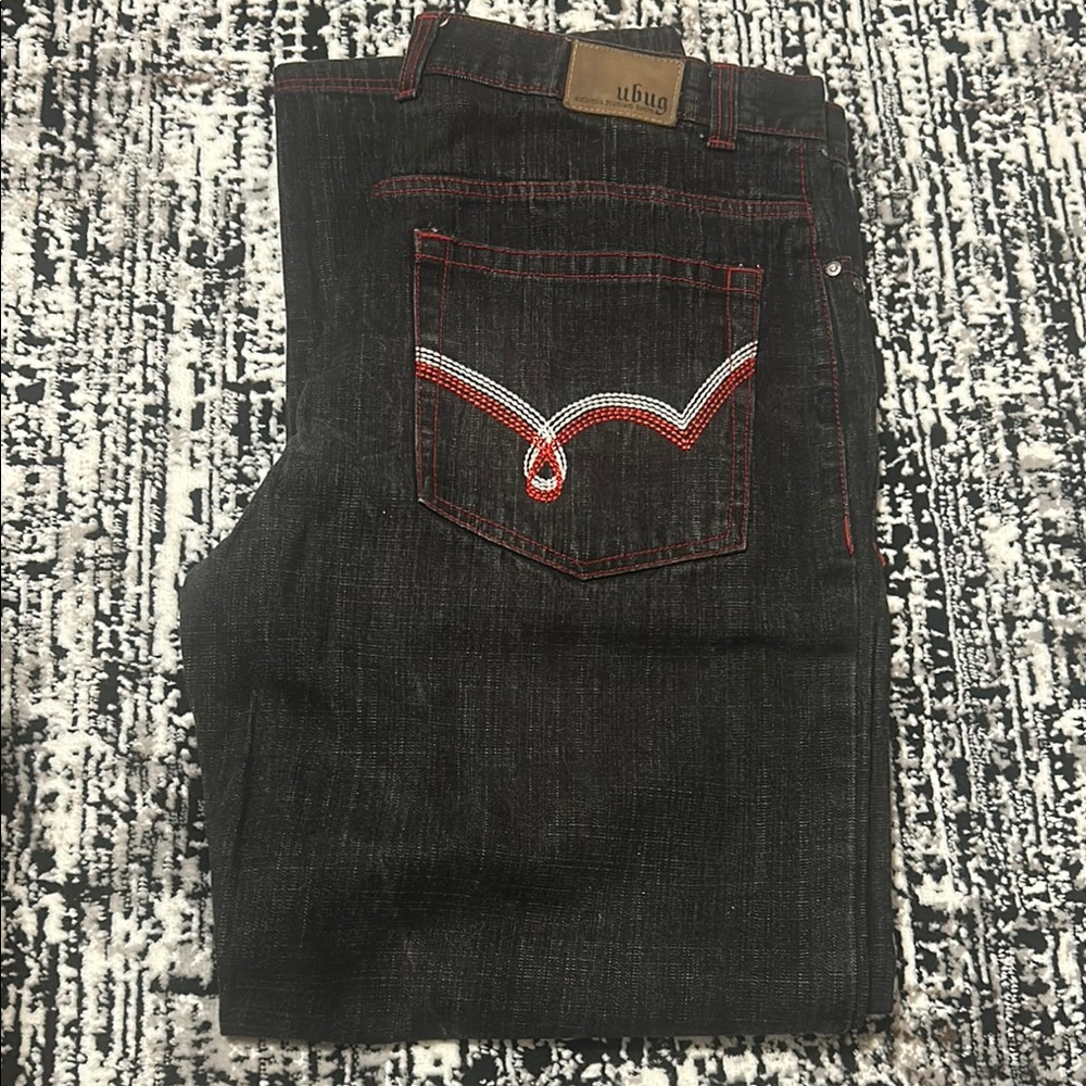 Red Embroidered Black Relaxed Jeans